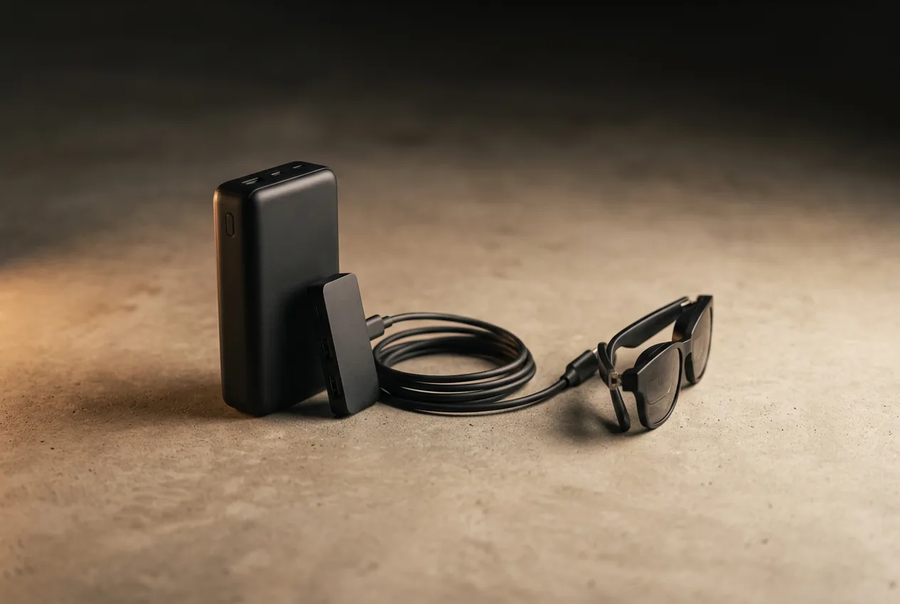 Power bank, USB-C hub, and coiled cable feeding folded display glasses on a concrete surface