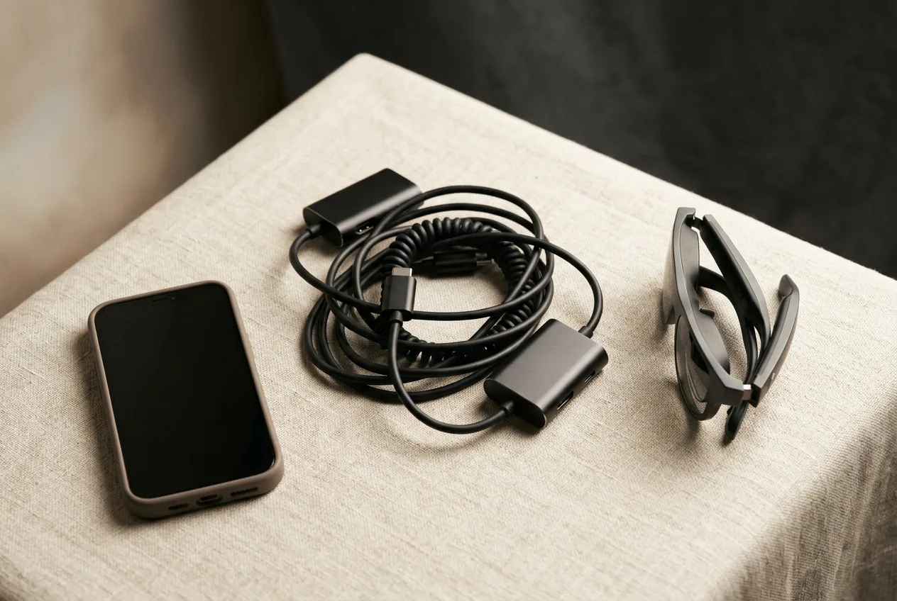 Flat lay of two video adapters and coiled cables tangled between a phone and display glasses