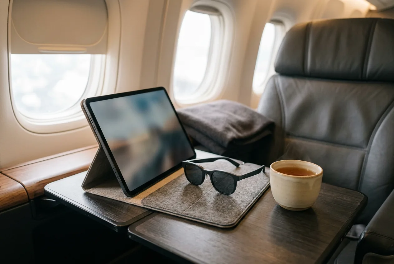 Airplane tray table with a tablet propped in its case and display glasses in an open case beside tea
