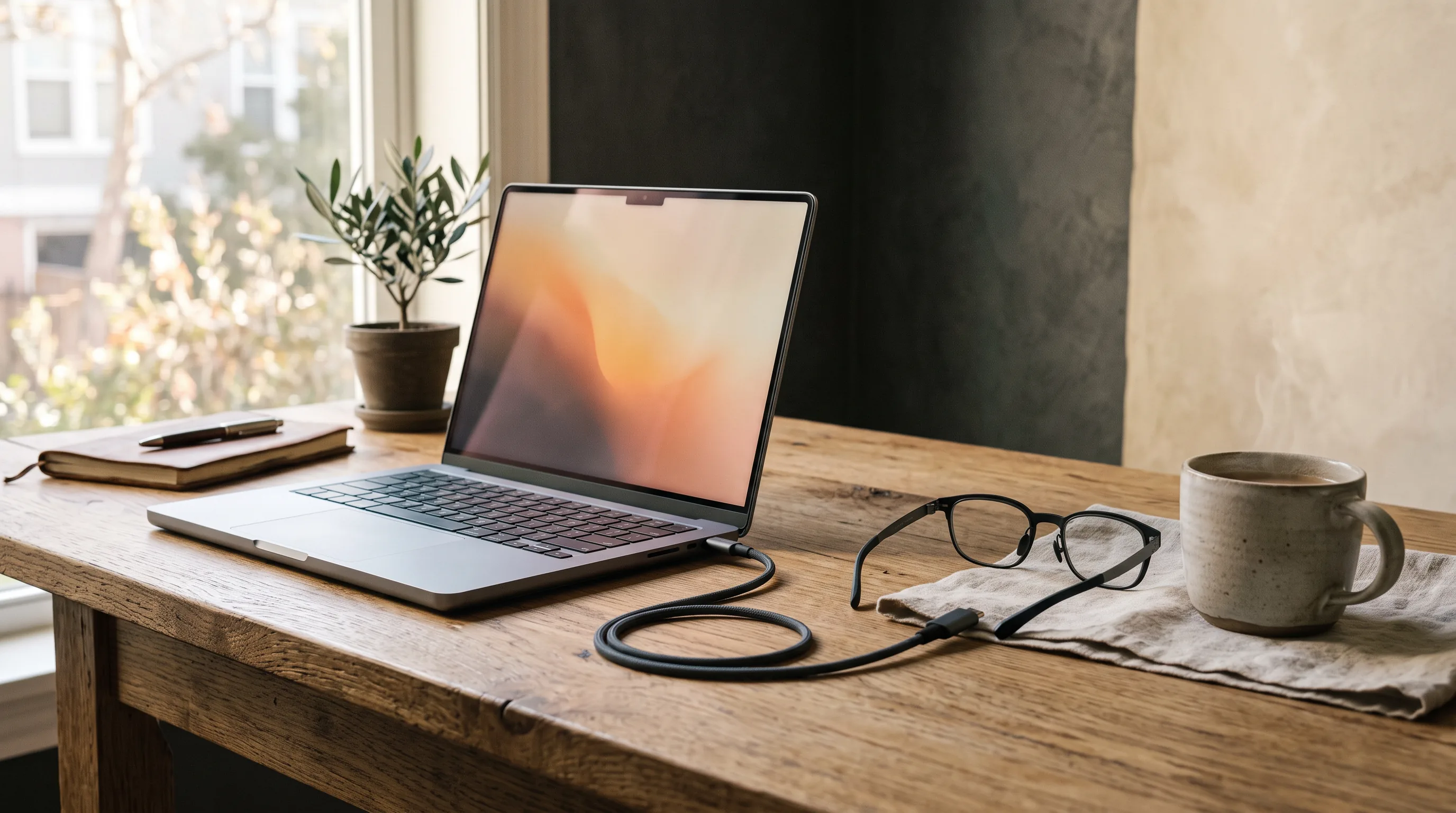 Laptop connected by a single USB-C cable to display glasses on a warm desk