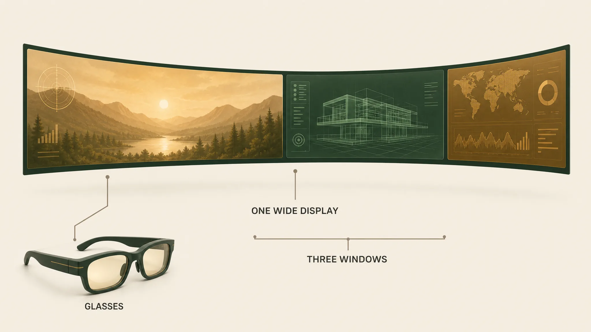 Curved ultra-wide virtual display holding three window panes fed to glasses