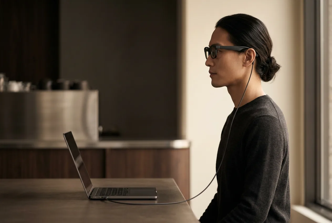 Person in side profile wearing glasses with head level and a laptop low on the counter