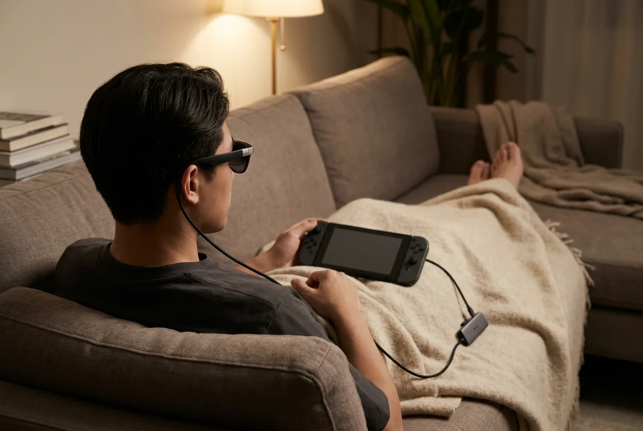 Person reclining on a couch with a handheld console and glasses connected through a hub