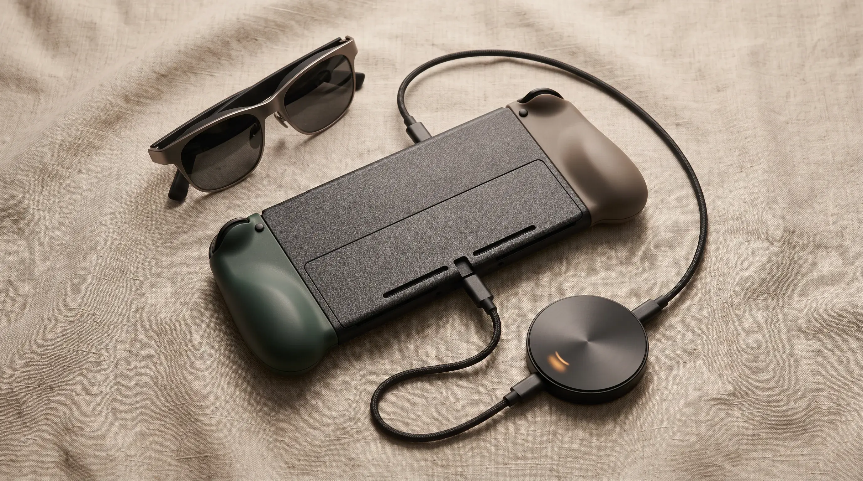 Handheld console, powered hub, and display glasses connected in a triangle of cables