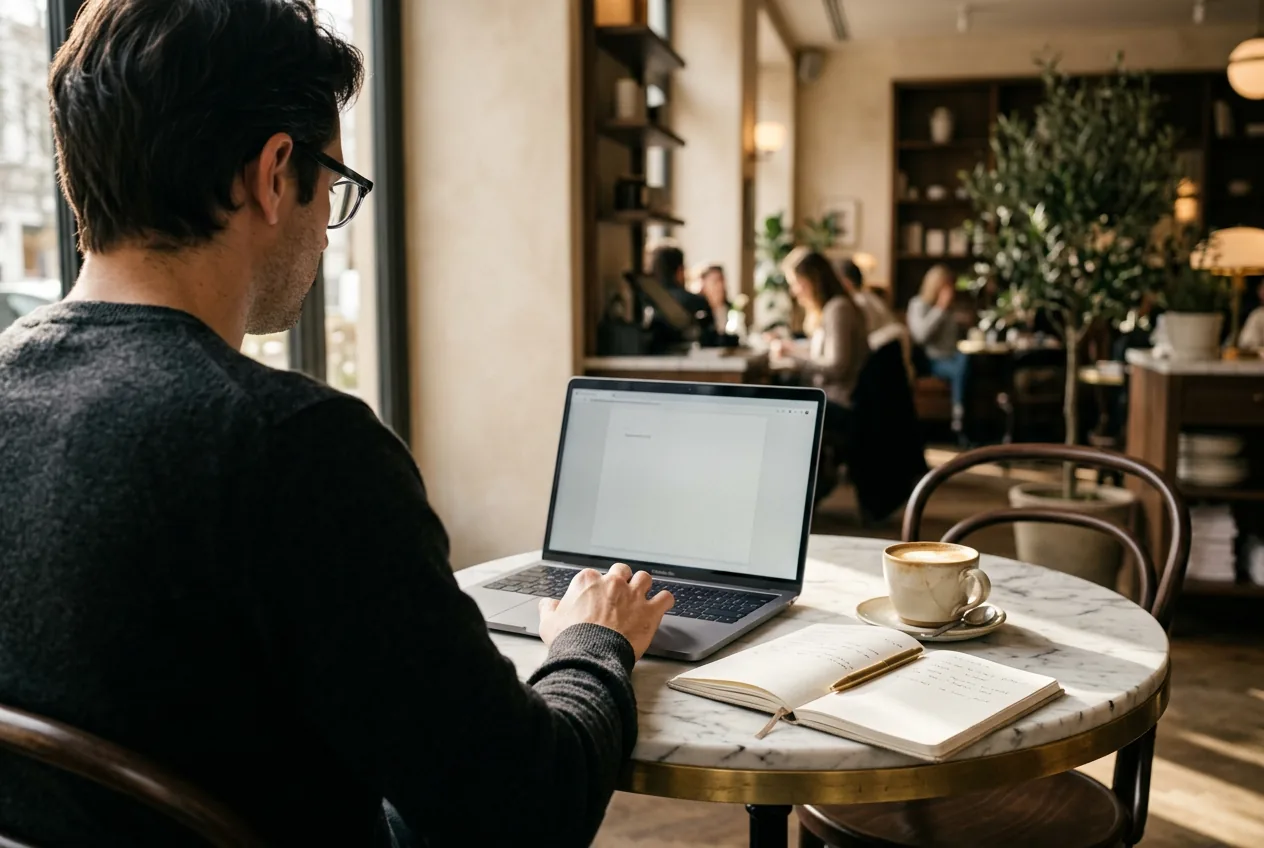 Person wearing display glasses working at a cafe table with a laptop, coffee, and notebook