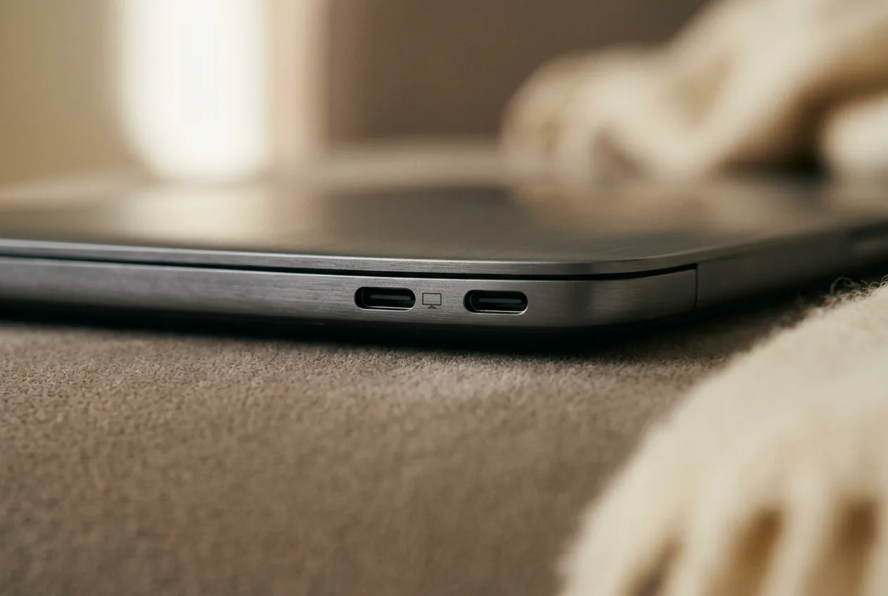 Macro close-up of two USB-C ports machined into the edge of a brushed aluminium laptop