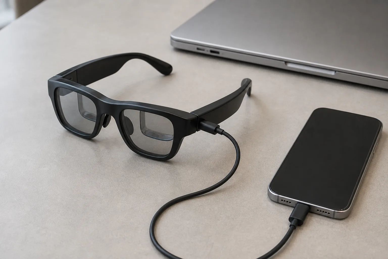 Illustration of the USB-C connection chain between iPhone and display glasses