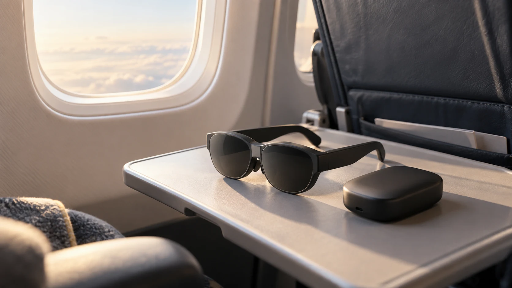 Display glasses and a companion device on an airplane tray table