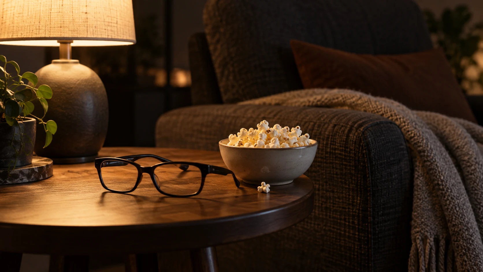Display glasses beside popcorn in a dim lounge