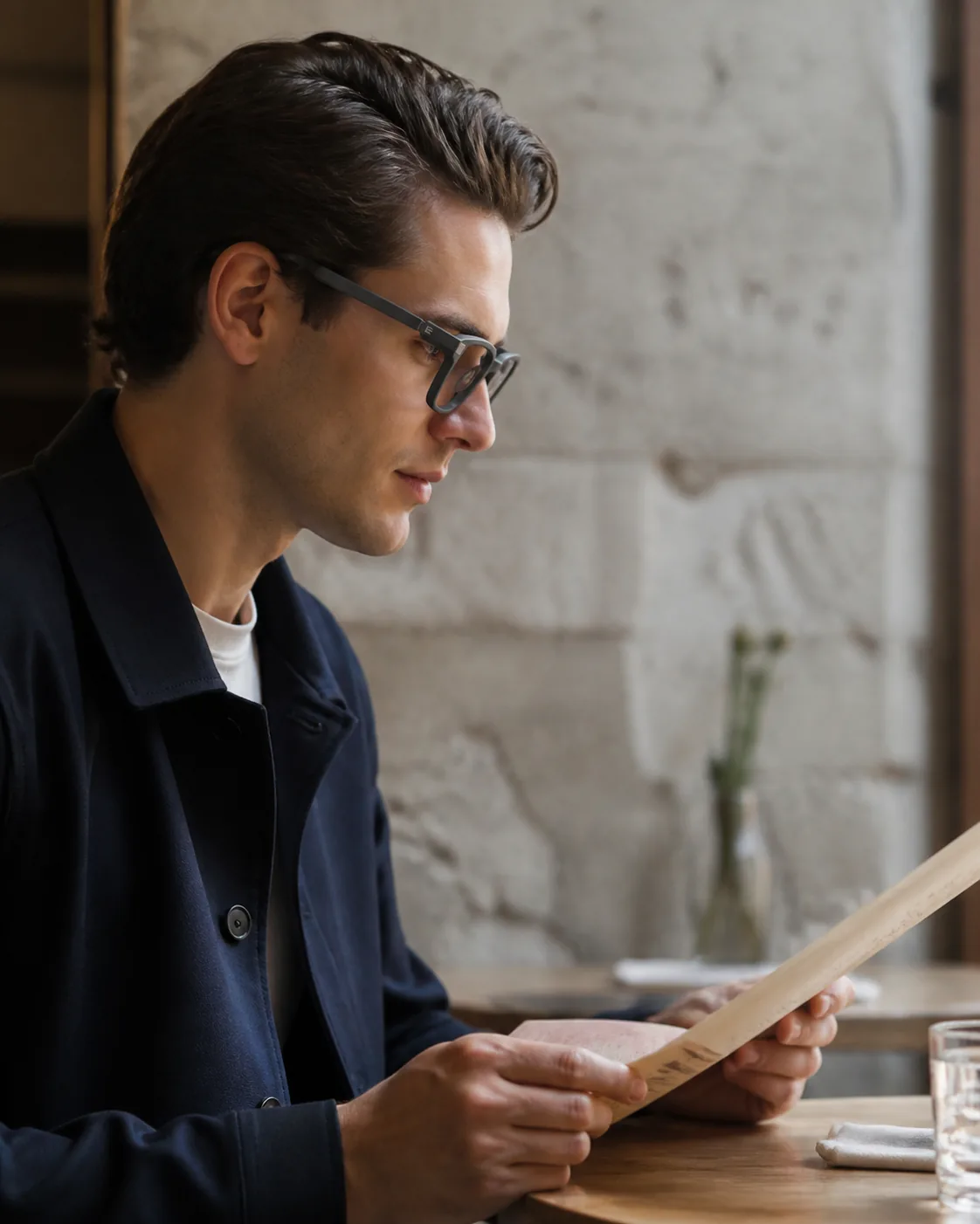 Reference-based editorial portrait of a person wearing Even G2 glasses