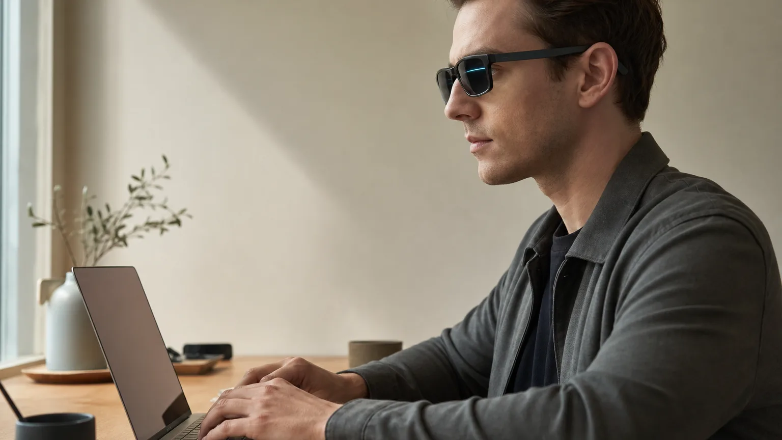 A person in profile wearing discreet smart display glasses at a laptop, a faint teal glint crossing the lens