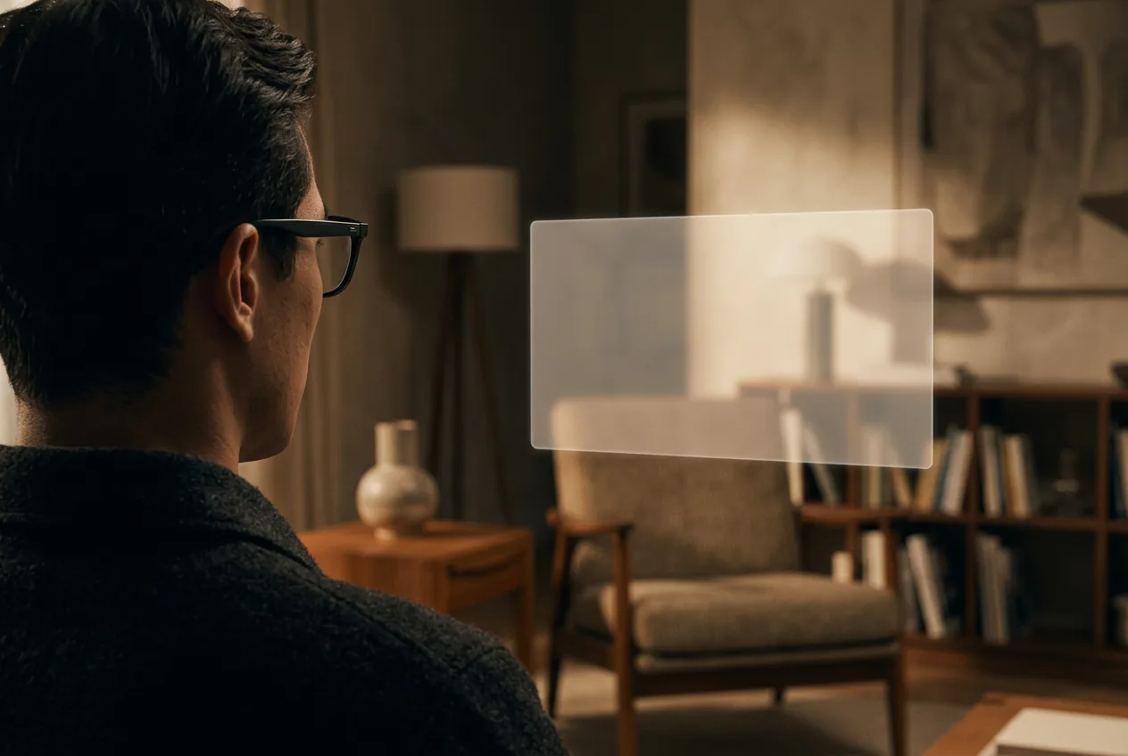 Person in a dim living room with a glowing widescreen rectangle floating fixed in the air ahead