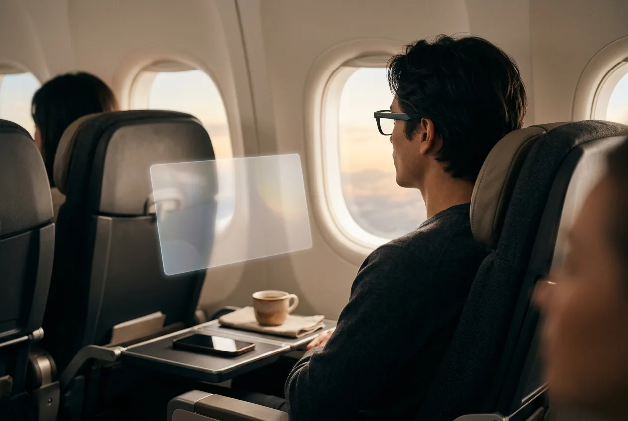 Airplane passenger wearing display glasses with a glowing screen floating steadily in the cabin