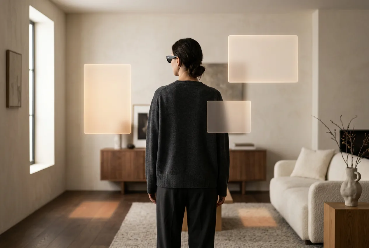 Silhouetted person in a living room surrounded by glowing panels arranged at different angles