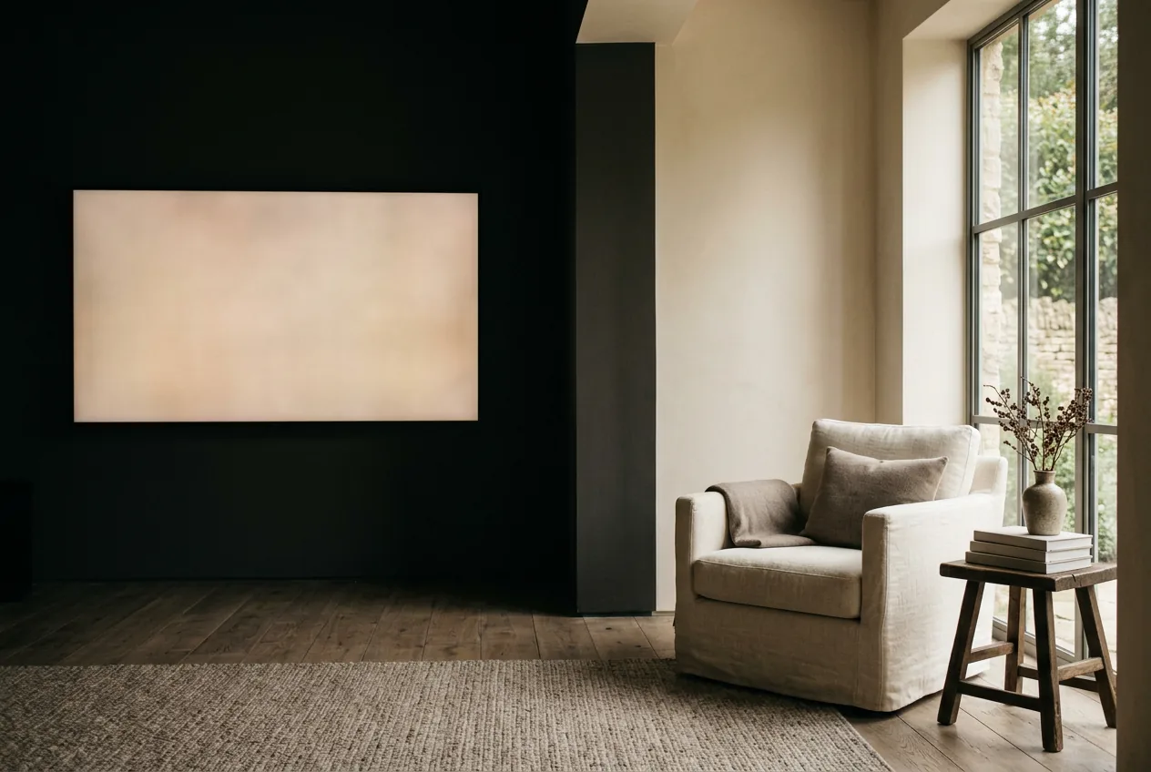 One warm room split between a glowing floating screen in darkness and a sunlit reading corner