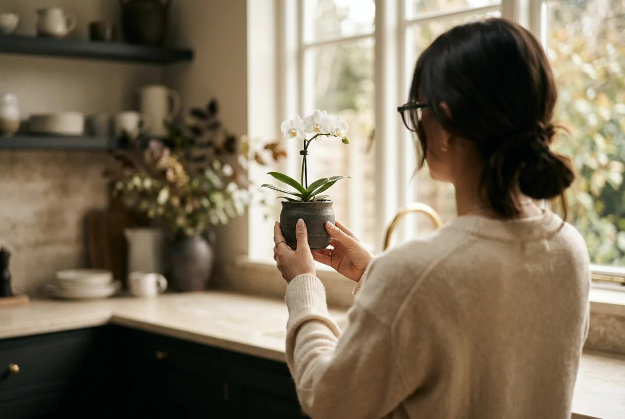 Person seen from behind holding up a potted orchid while wearing slim camera glasses