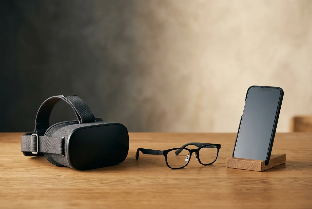 Virtual reality headset, slim smart eyewear, and smartphone arranged in a row on a desk