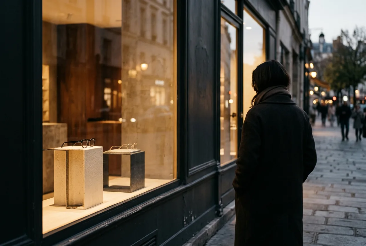 Person pausing outside a boutique eyewear storefront window at dusk
