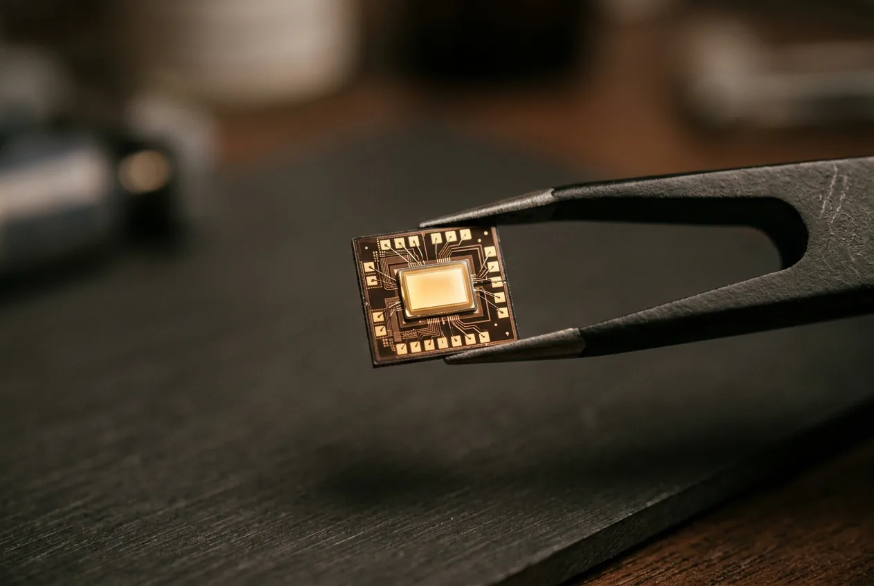 Tiny glowing micro-display panel on a silicon chip held by precision tweezers