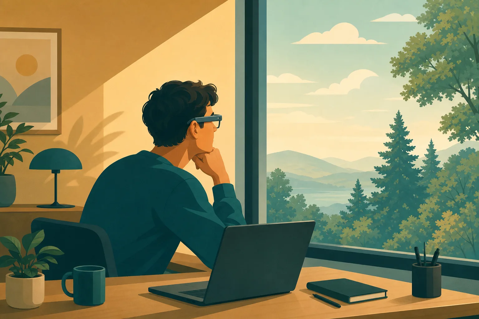 Illustration of a person at a desk pausing to look out a window at distant trees