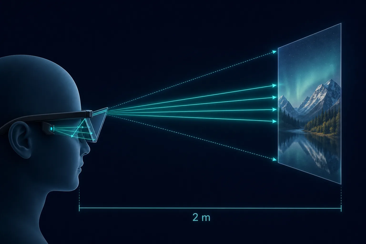 Diagram of birdbath optics projecting a virtual screen roughly two meters from the viewer