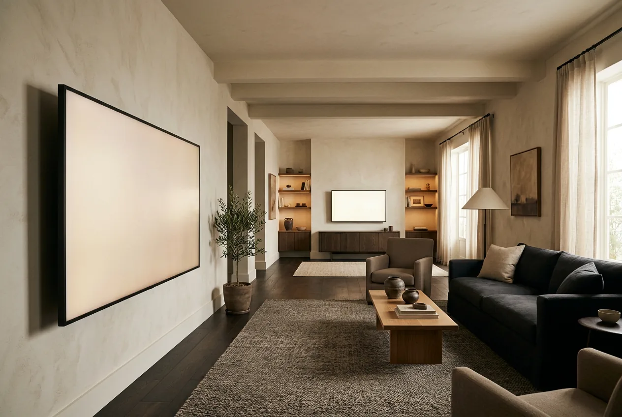 Long room in one-point perspective with a small distant screen and a huge near floating screen