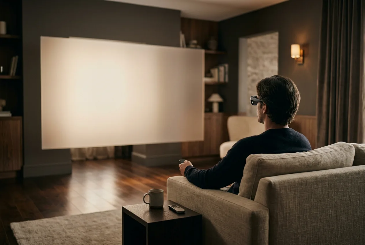 Seated person in a dim living room facing an enormous glowing floating widescreen