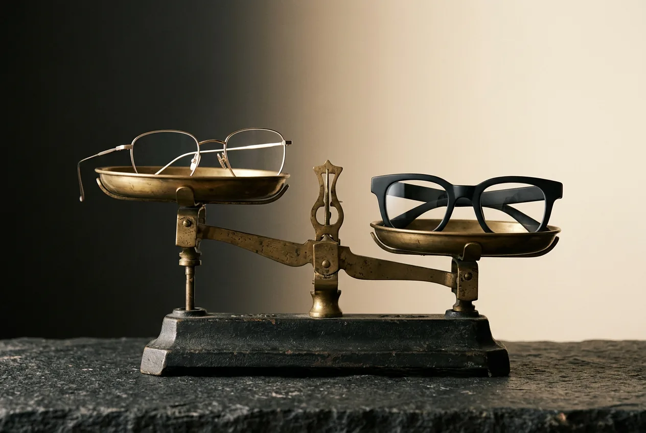 Brass balance scale weighing a slim pair of display glasses against a chunky pair