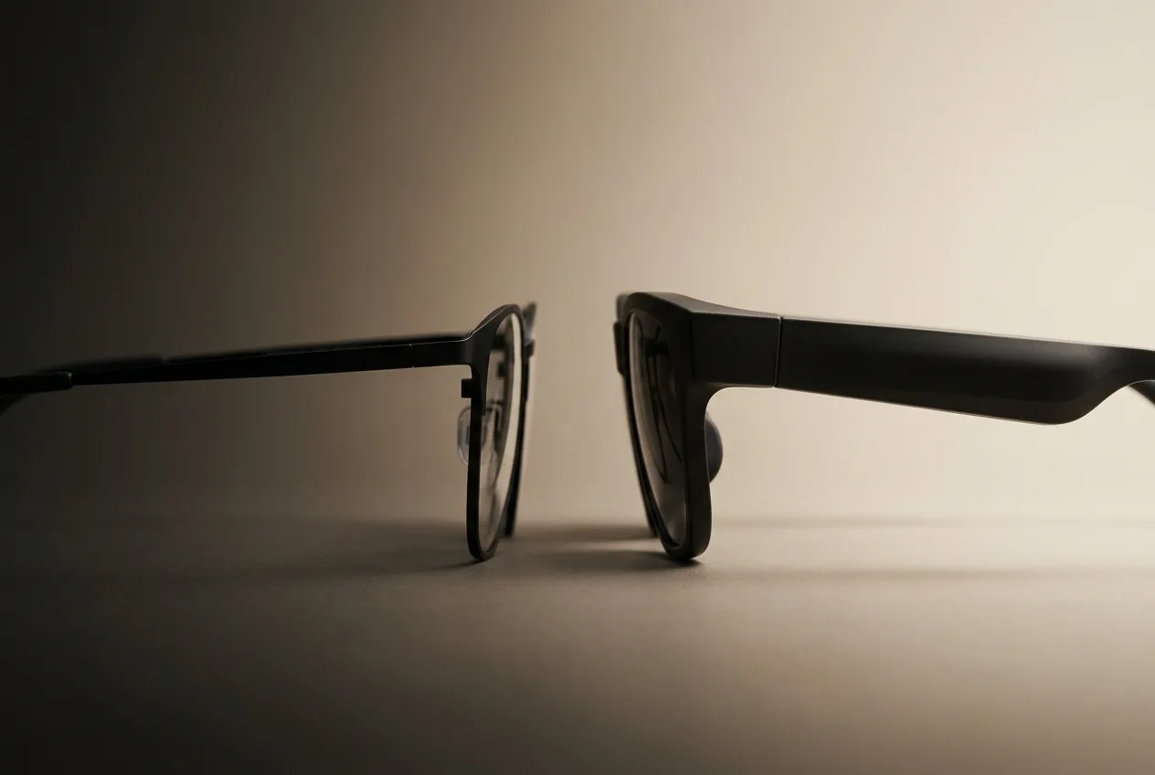 Two pairs of smart glasses in side profile contrasting slim eyewear with a thick visor