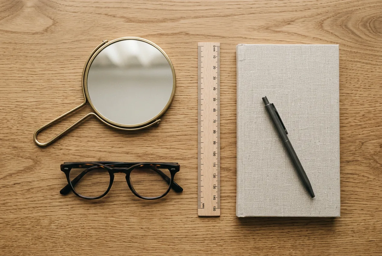Flat lay of a mirror, millimeter ruler, blank notebook, and eyeglasses arranged on oak