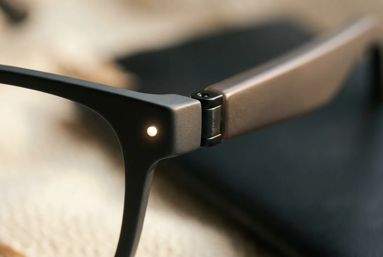 Macro close-up of a tiny glowing indicator light on the temple of dark camera glasses