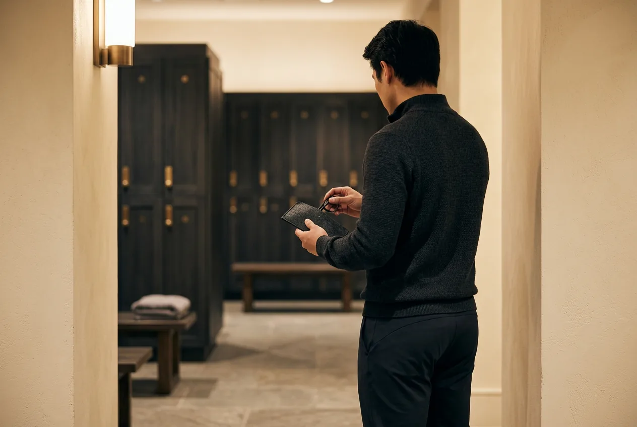 Person folding glasses into a felt case before entering a blurred locker room corridor