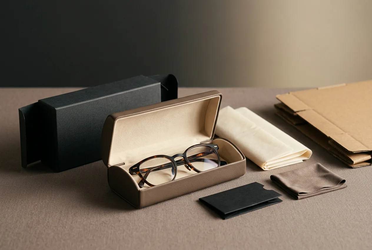 Open glasses case with packaging kept tidy and a collapsed shipping box waiting nearby