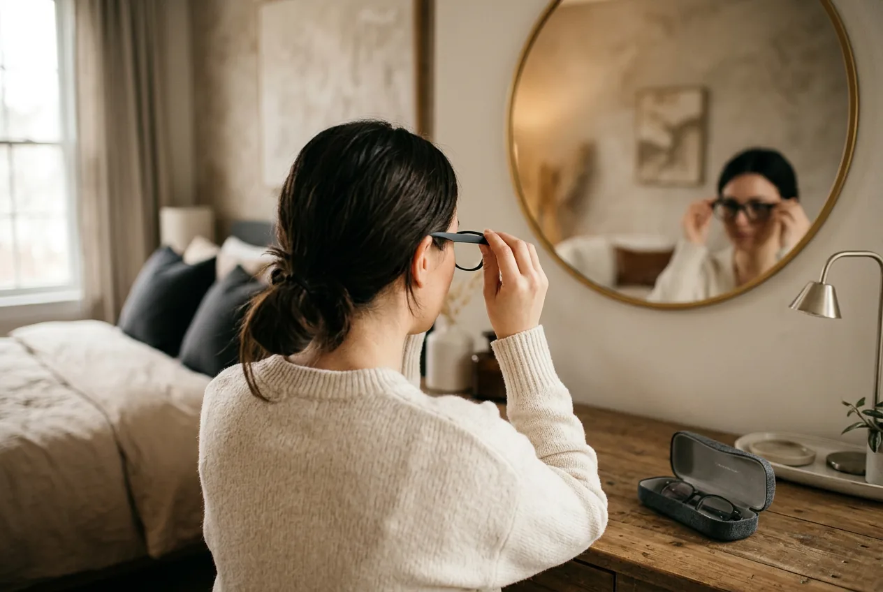Person seen from behind trying on display glasses in front of a warm bedroom mirror