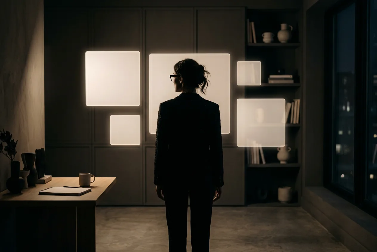 Silhouetted figure surrounded by glowing translucent panels drifting into one arrangement