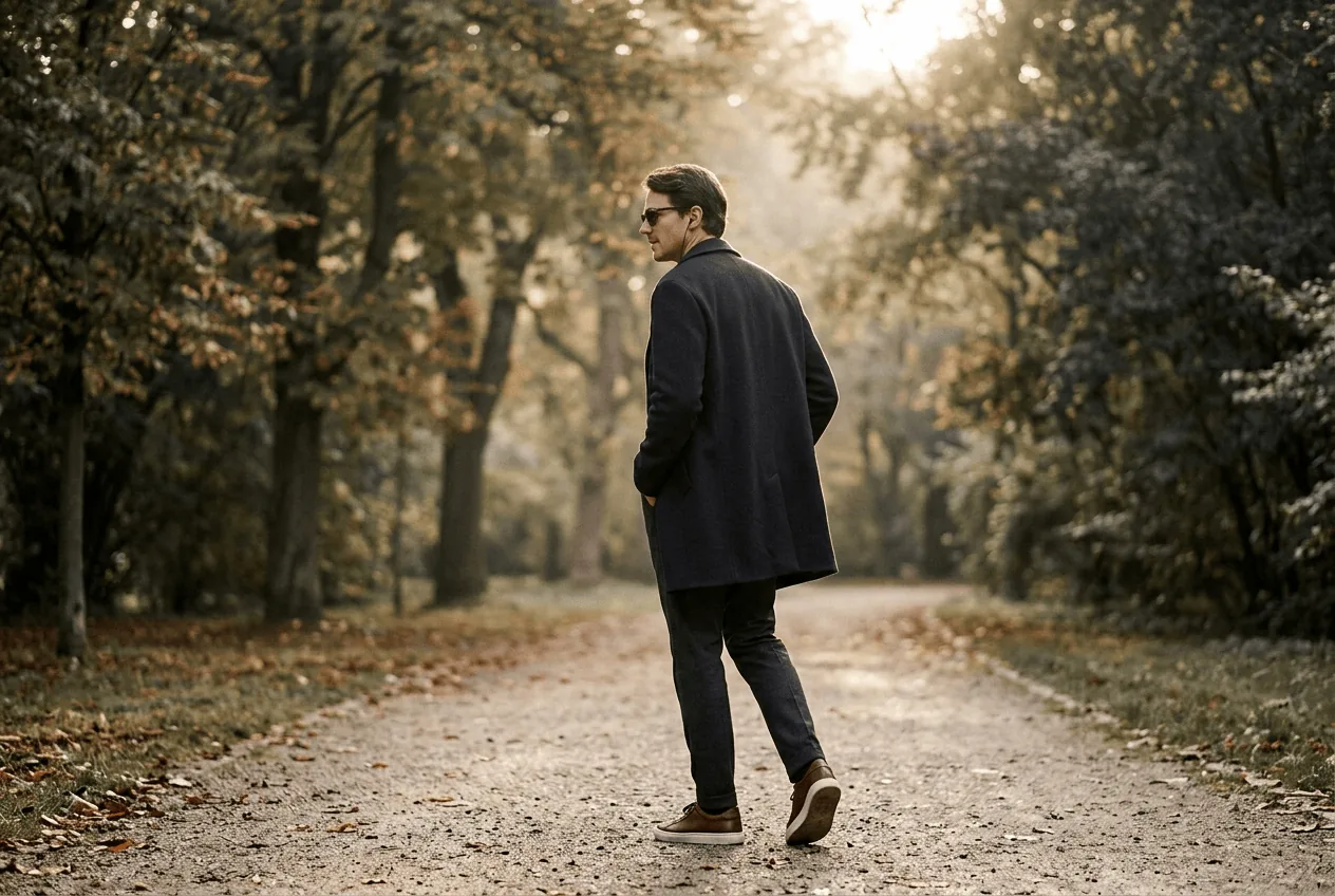Person walking a tree-lined path in morning light wearing ordinary-looking glasses