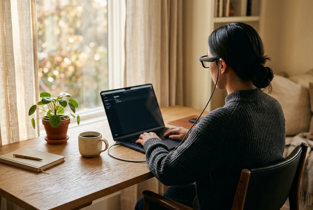 Person at a desk wearing display glasses with a single cable running down to a laptop