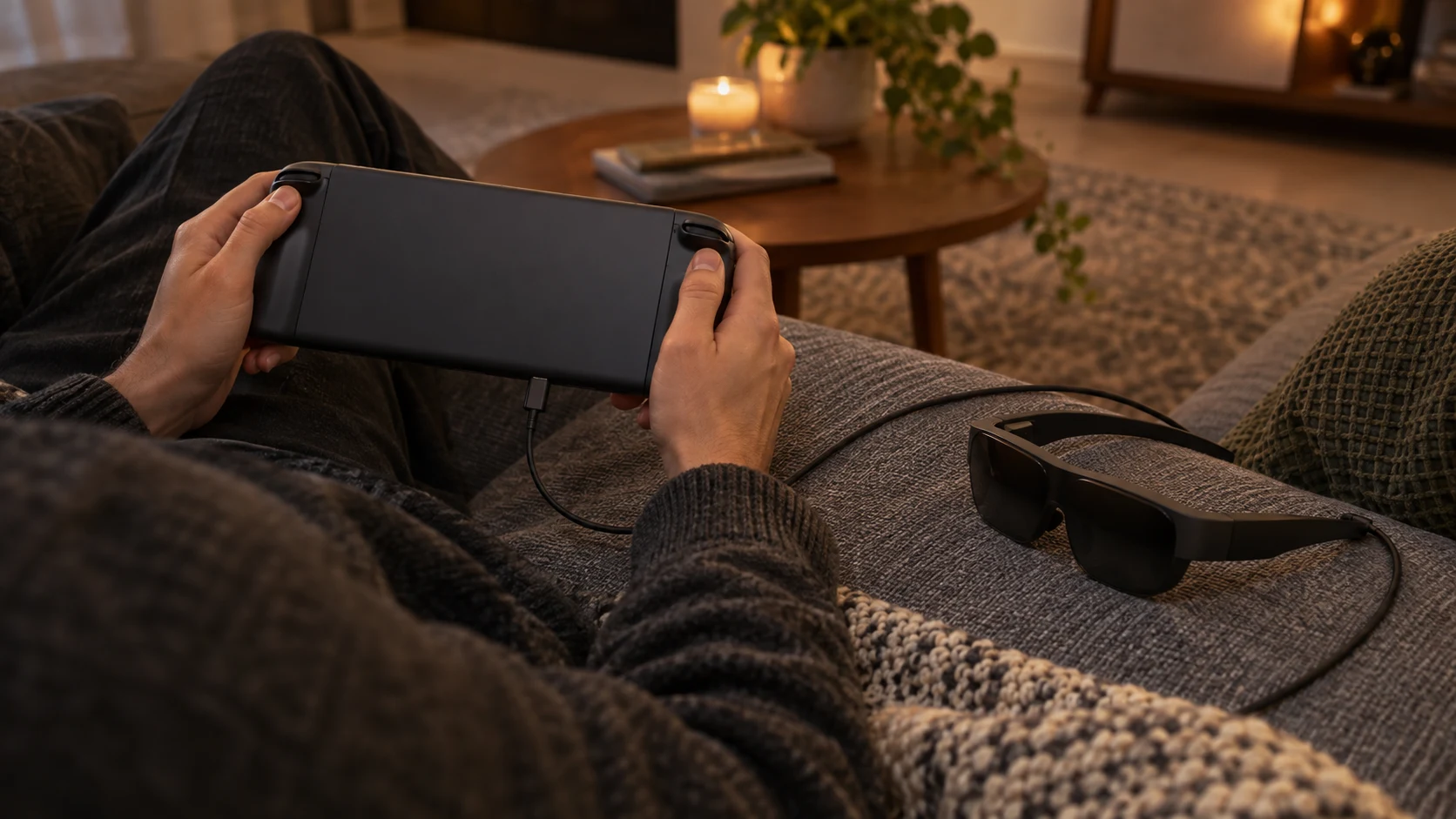 A handheld console wired to display glasses on a couch