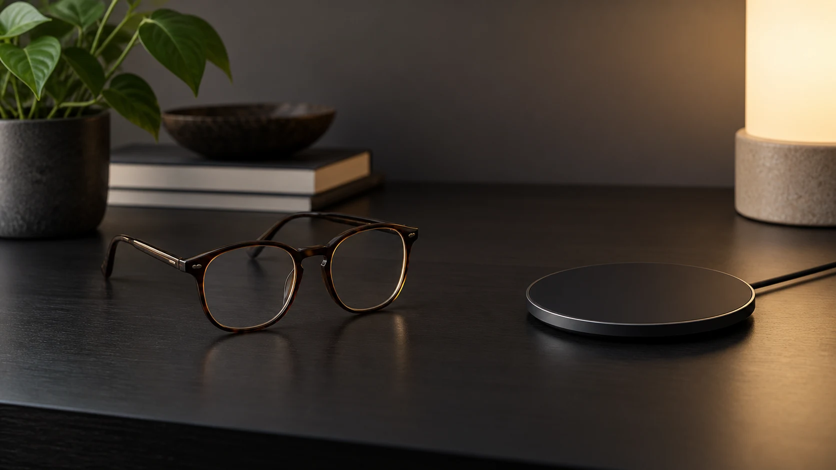 Glasses on a desk beside an empty phone charging pad