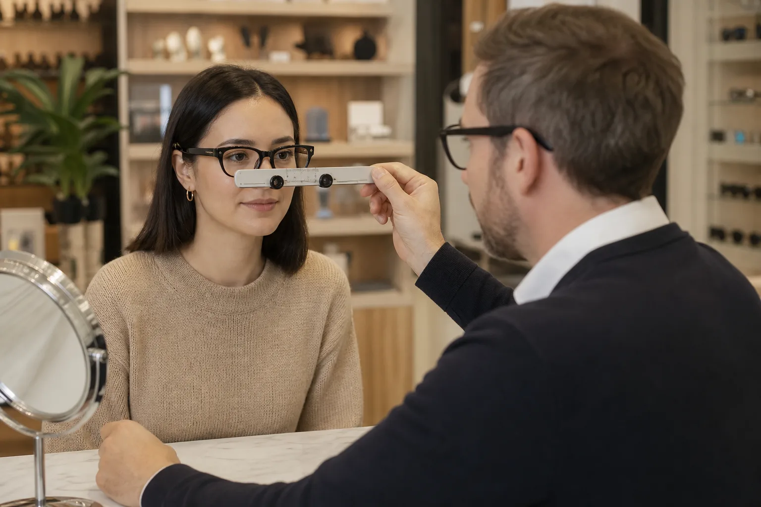 An optician measuring a customer’s fit while they wear clear-lens smart glasses