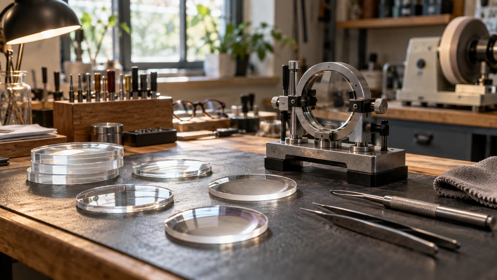 A lens workshop bench with blanks and a fitting jig