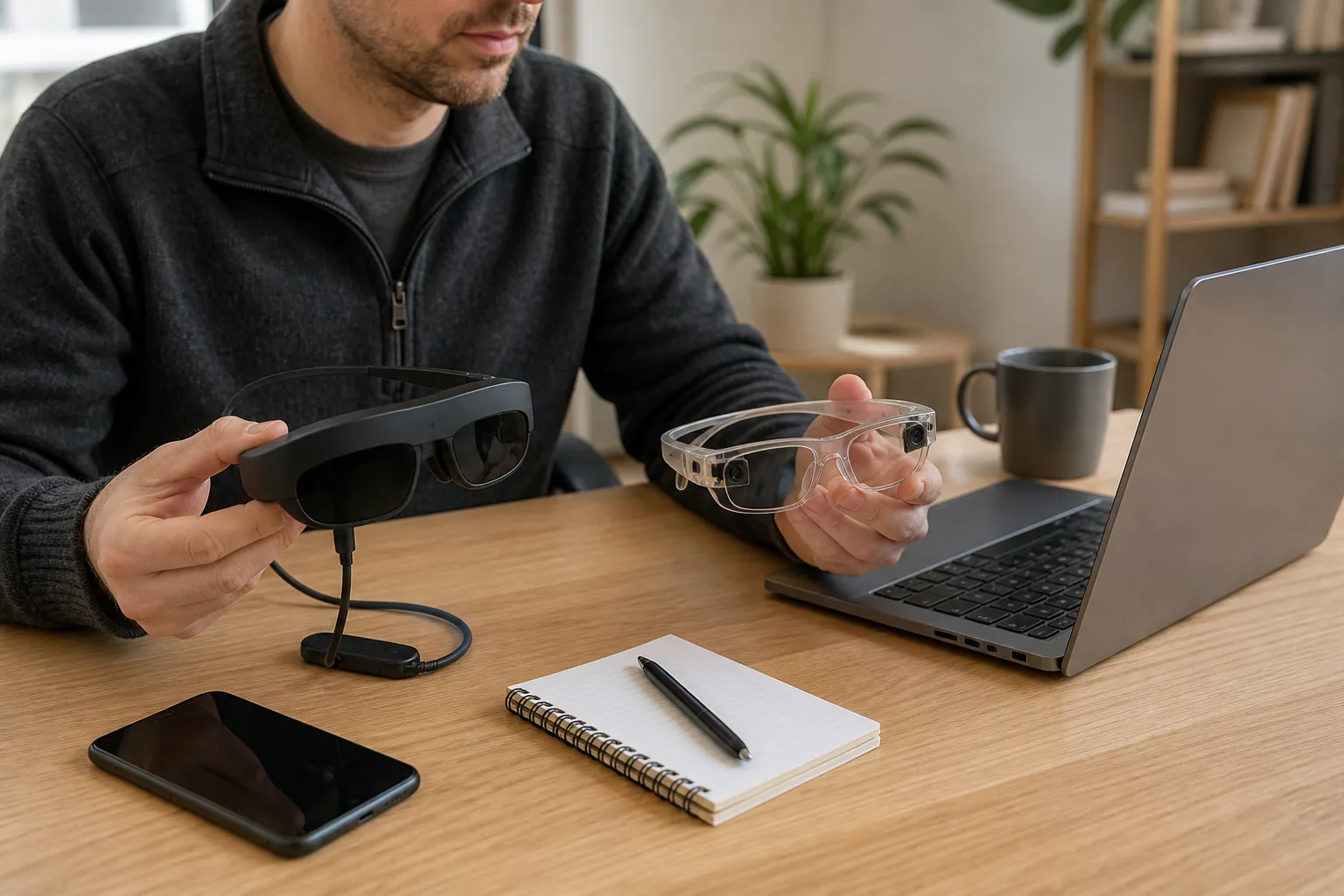 A reviewer comparing a wired display-glasses pair and clear-lens AI glasses at a desk