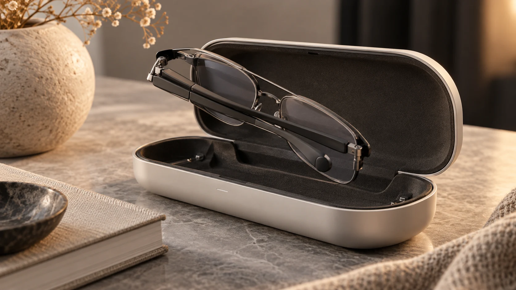 An open charging case receiving the glasses