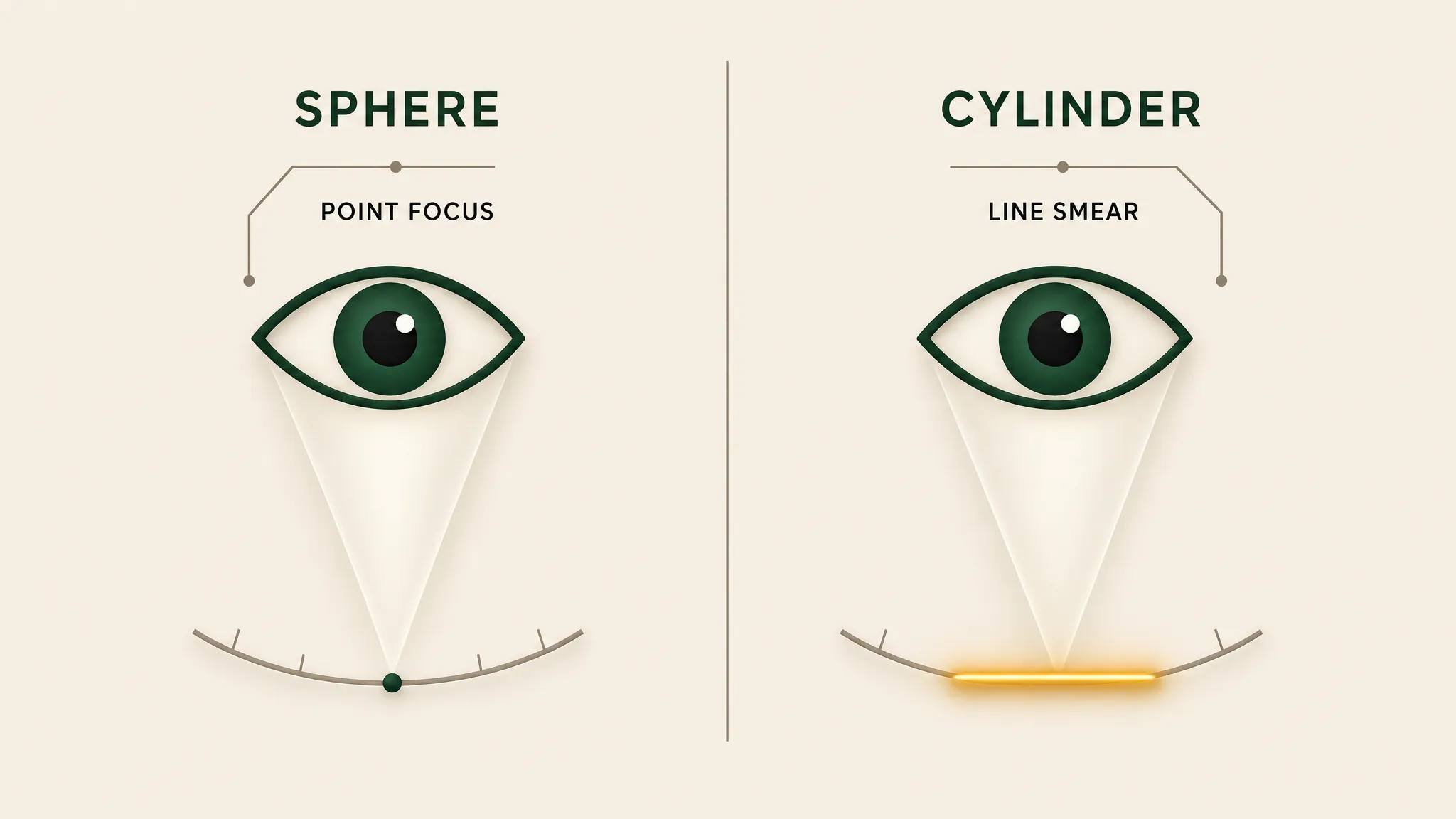 Optics diagram contrasting a spherical point focus with a cylindrical line smear