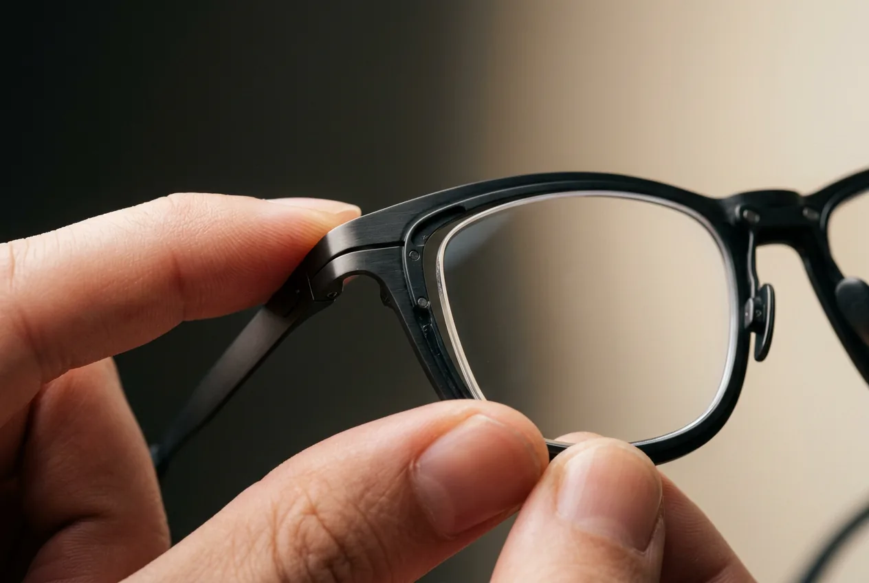 Fingertips snapping a clear prescription insert into display glasses in macro