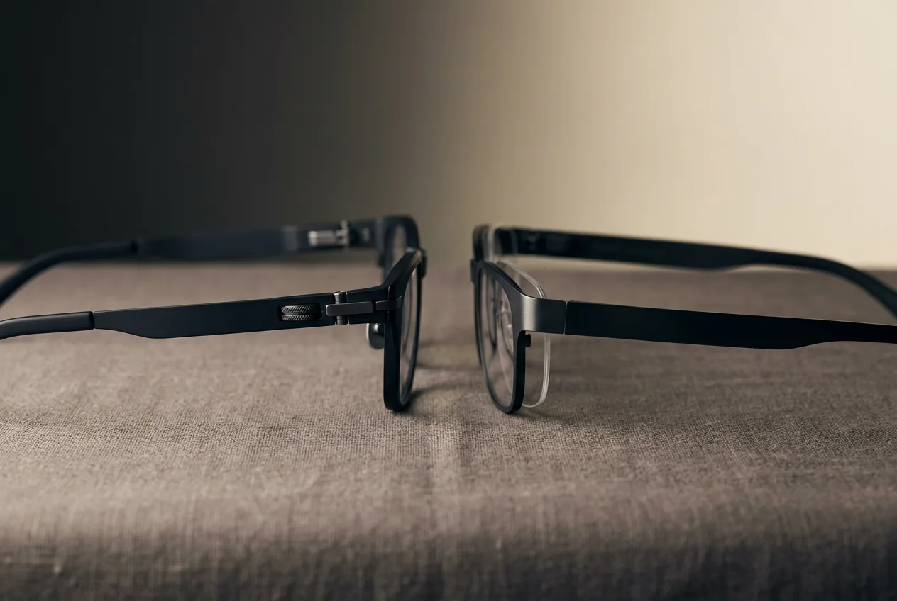 Two display glasses pairs compared, one with a focus dial and one with an insert