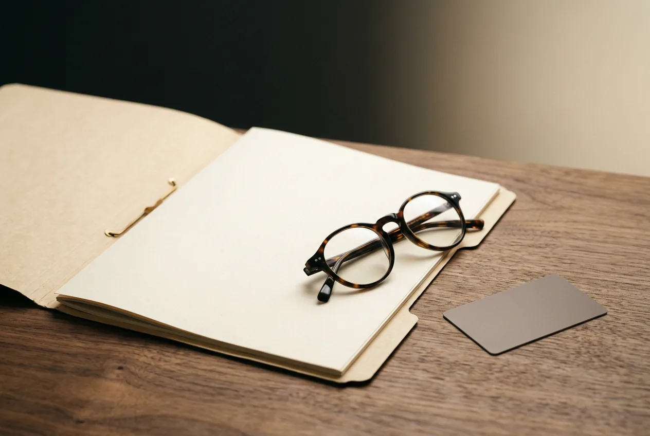 Manila folder with blank documents, folded eyeglasses, and a payment card on a desk