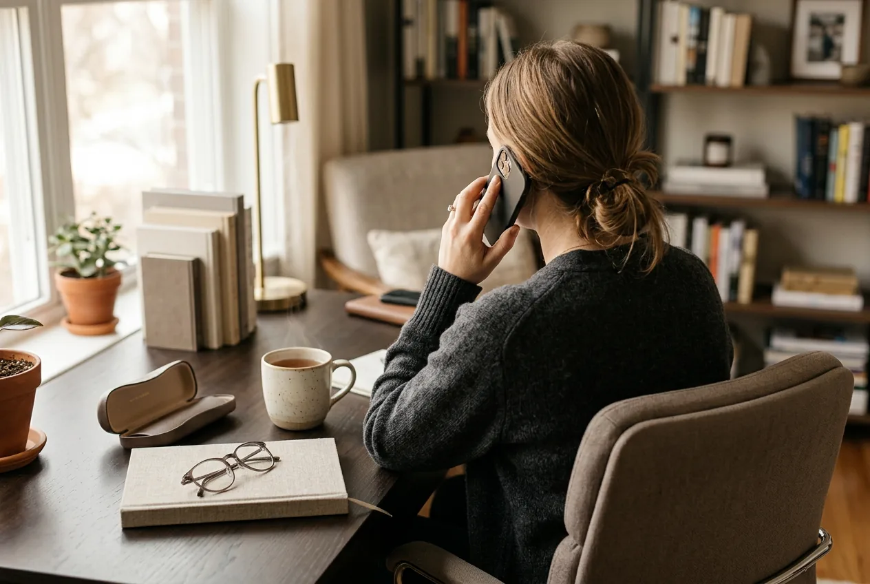Person on a phone call at a home office desk with notebook, glasses case, and tea