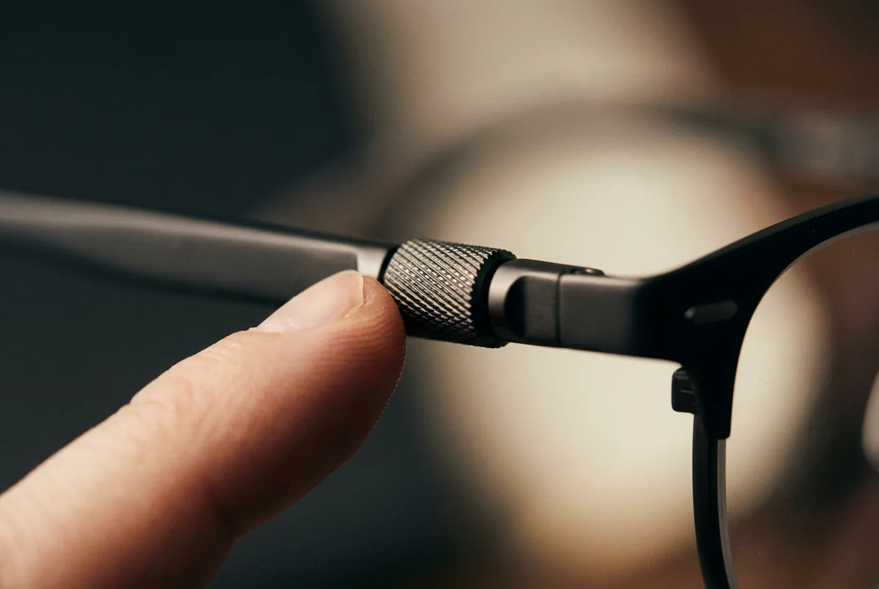 Close-up of a fingertip turning a knurled focus dial on the temple of dark glasses