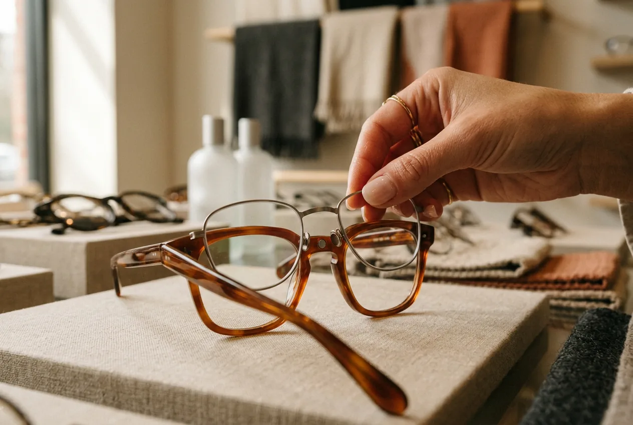 Fingertips guiding a thin prescription insert frame into the nose compartment of display glasses